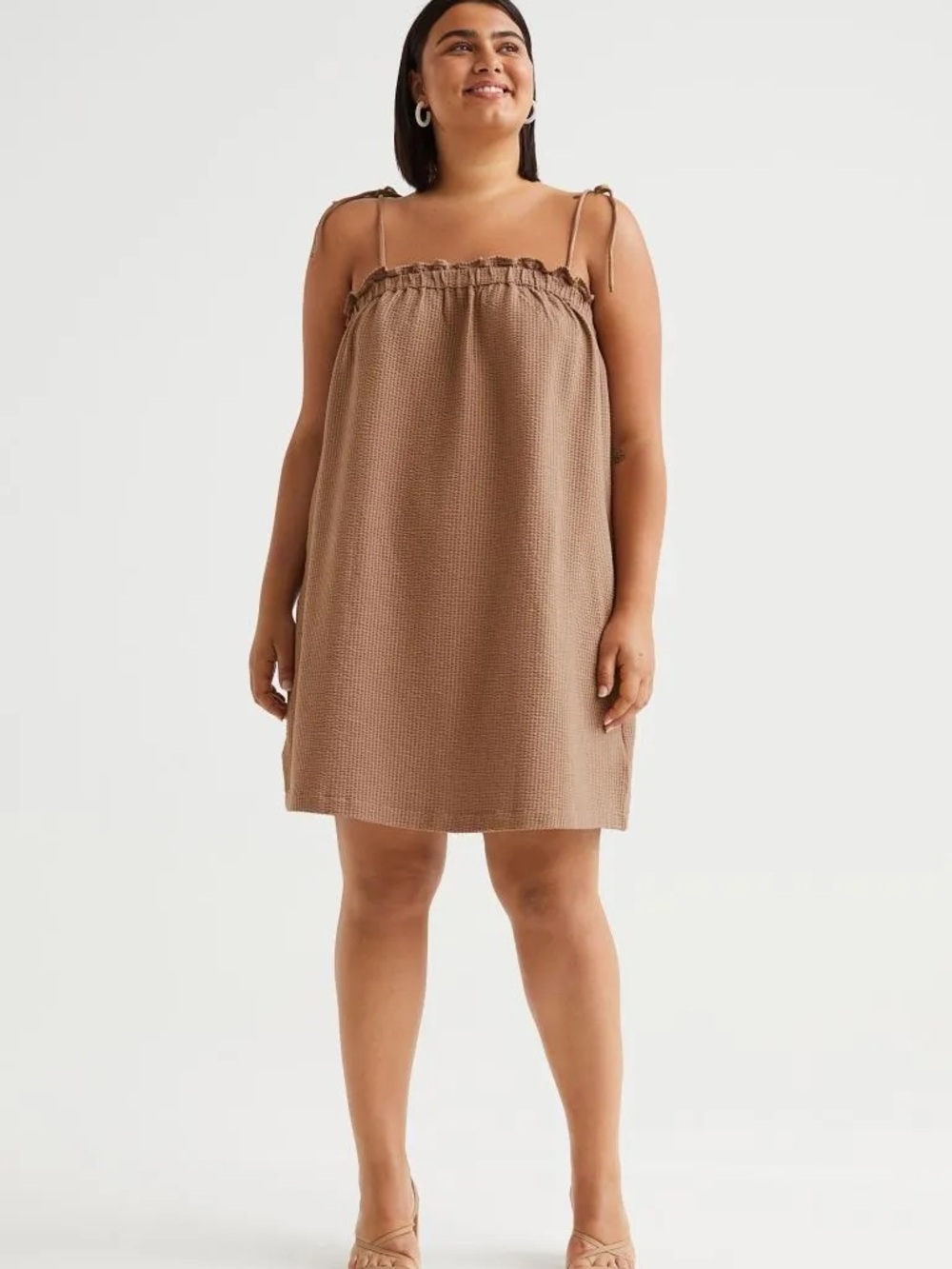 Waffle Texture Tie-Shoulder Mini Jersey Dress in Taupe Sz XXL